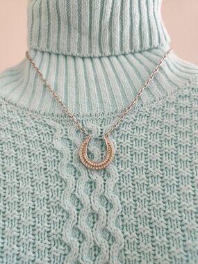 Silver Rhinestone Horseshoe Pendant Necklace Green Clear Crystals Lucky